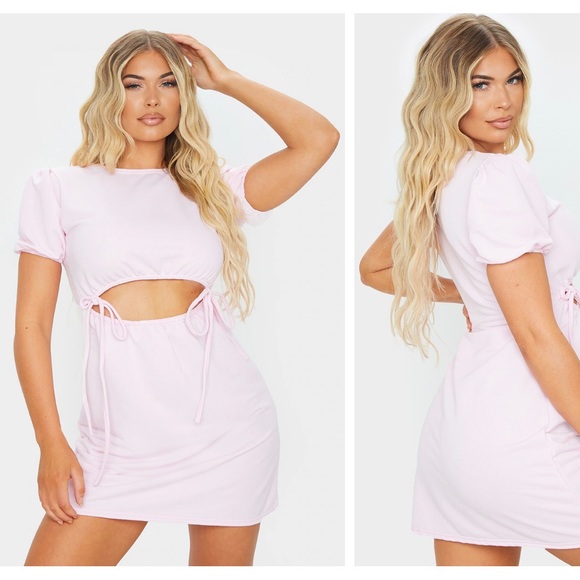PrettyLittleThing Dresses & Skirts - NWT PrettyLittleThing Baby Pink Puff Sleeve Cut Out Tie Sweatshirt Mini Dress 0
